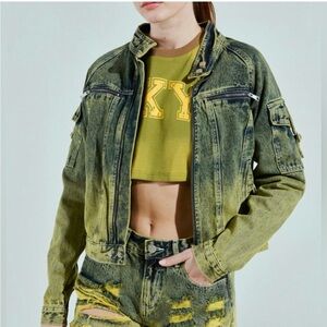 AKIRA Olive Acid Wash Jean Jacket